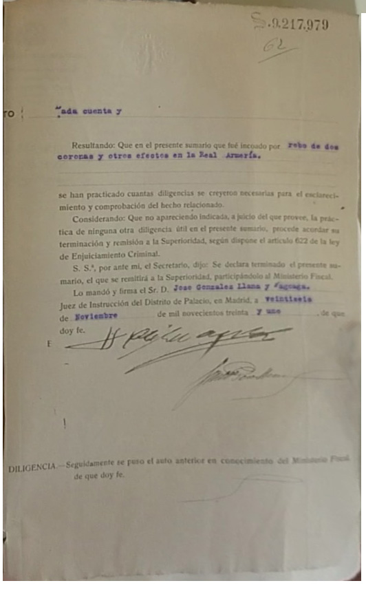 Dictamen del juez en 1931 sobreseyendo la causa del robo de la corona de Suintila
