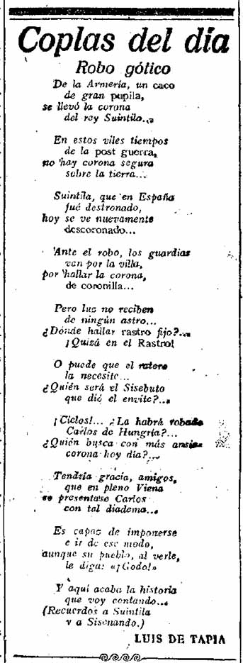Noticia en el periódico la Libertad sobre el robo de la corona de Suintila
