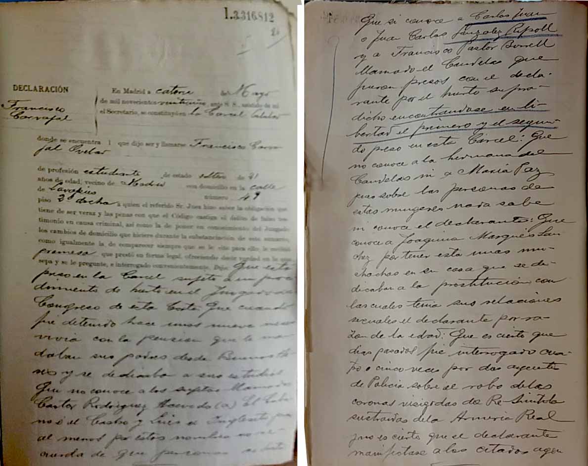 Declaración de Francisco Carvajal Ovelar sobre el robo de la corona de Suintila