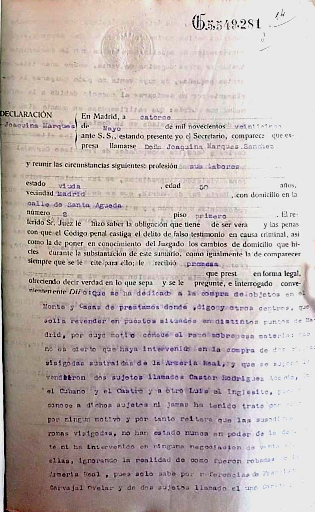Declaración de Joaquina Marqués Sánchez sobre el robo de la corona de Suintila