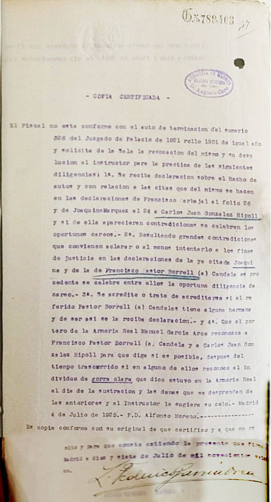 Comunicación del fiscal con su disconformidad por el cierre del sumario del robo de la corona de Suintila