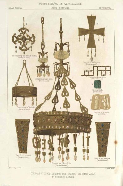 Lámina del siglo XIX con detalle de las joyas del Tesoro de Guarrazar conservadas en el Palacio Real