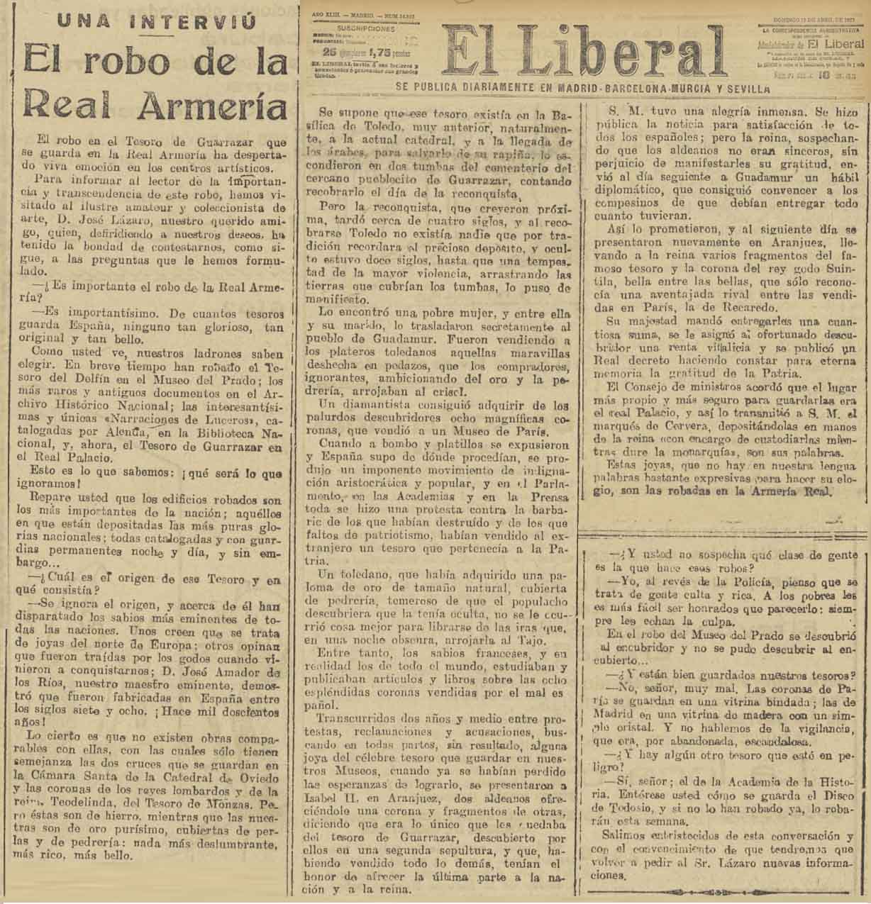 Entrevista a José Lázaro Galdiano en el periódico El Liberal sobre el robo de la corona de Suintila